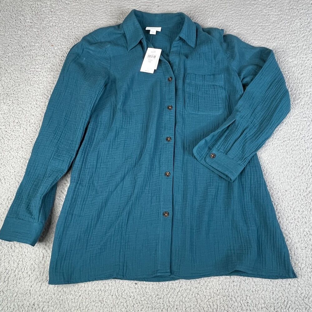 J JILL Button Tunic Shirt Women XS Teal  Button Cotton Gauze Textured Blouse Top